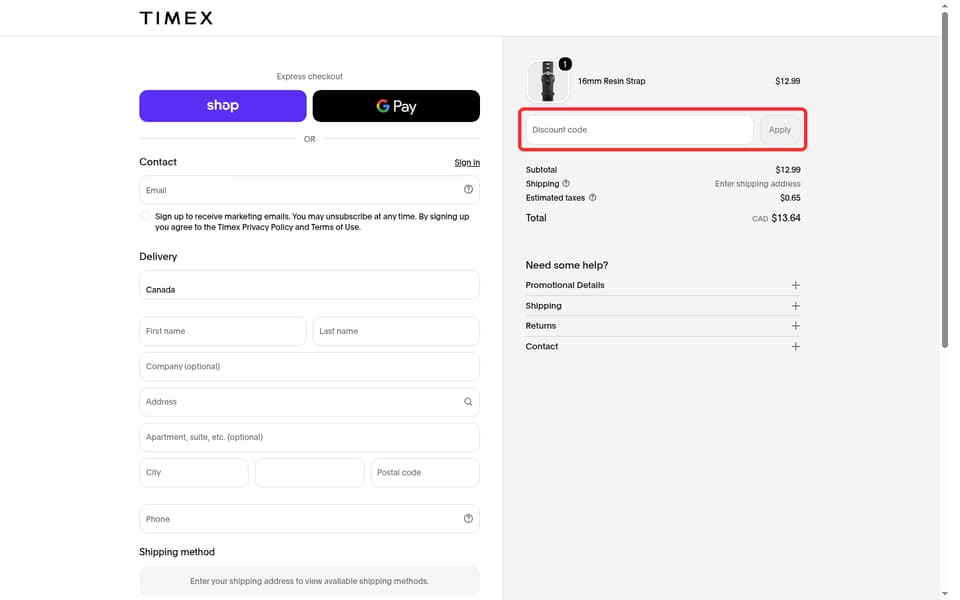Timex Canada checkout page showing the Discount code field and Apply button