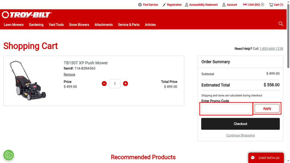 Troy-Bilt Canada checkout page showing the Enter Promo Code field and Apply button