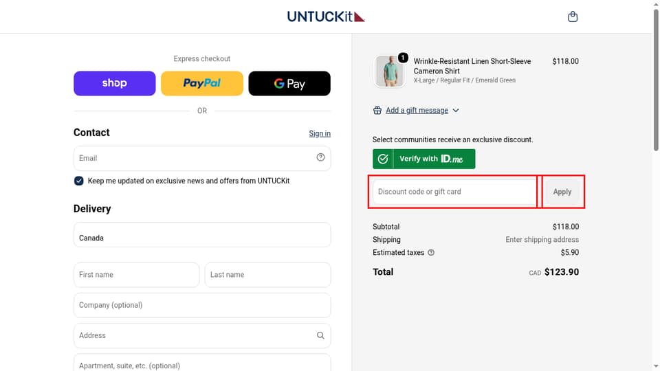 UNTUCKit Canada checkout page showing the Discount code or gift card field and Apply button