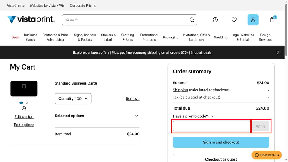 Vistaprint Canada checkout page showing the Enter your promo code field and Apply button