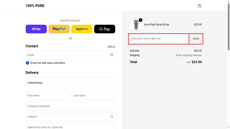 100% PURE checkout page showing the Discount code or gift card field and Apply button