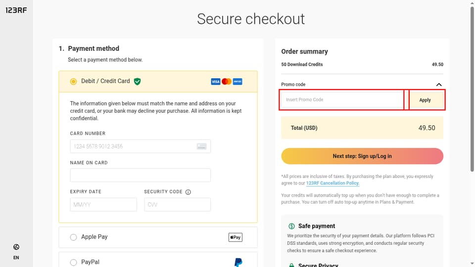 123RF checkout page showing the Insert Promo Code field and Apply button