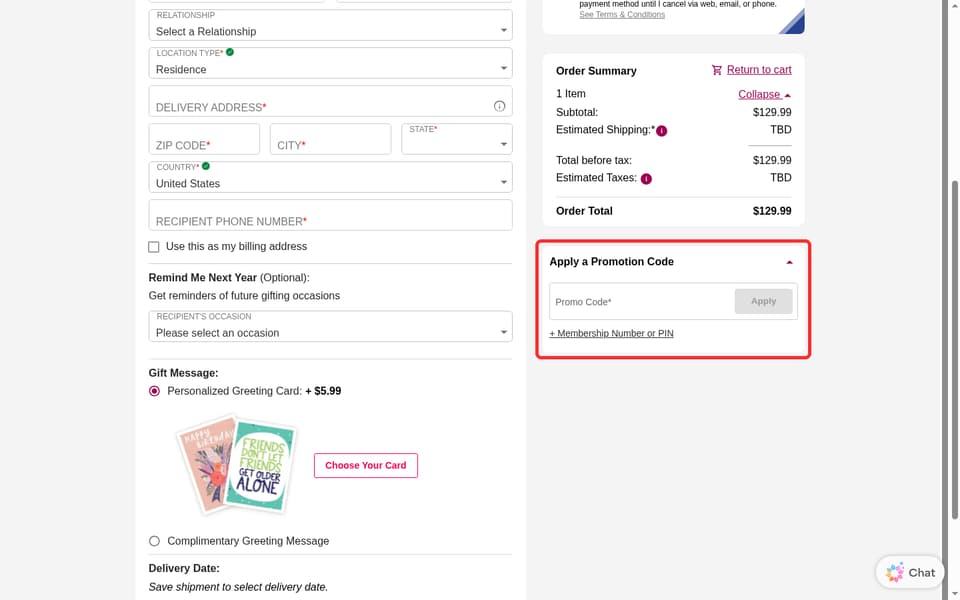 1-800-Baskets.com checkout page showing the Promo Code* field and Apply button