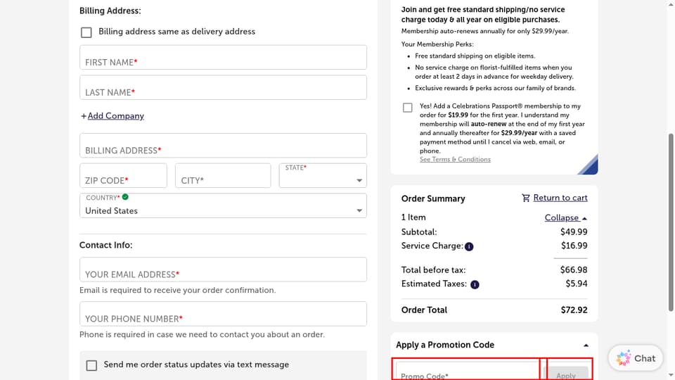 1-800-Flowers checkout page showing the Promo Code* field and Apply button