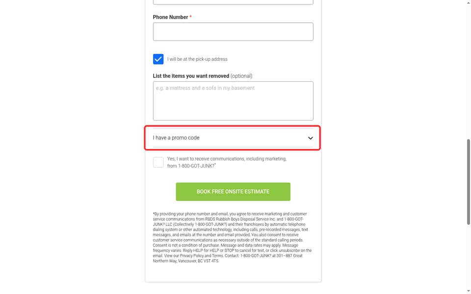 1-800-GOT-JUNK? checkout page showing the I have a promo code field and Add button
