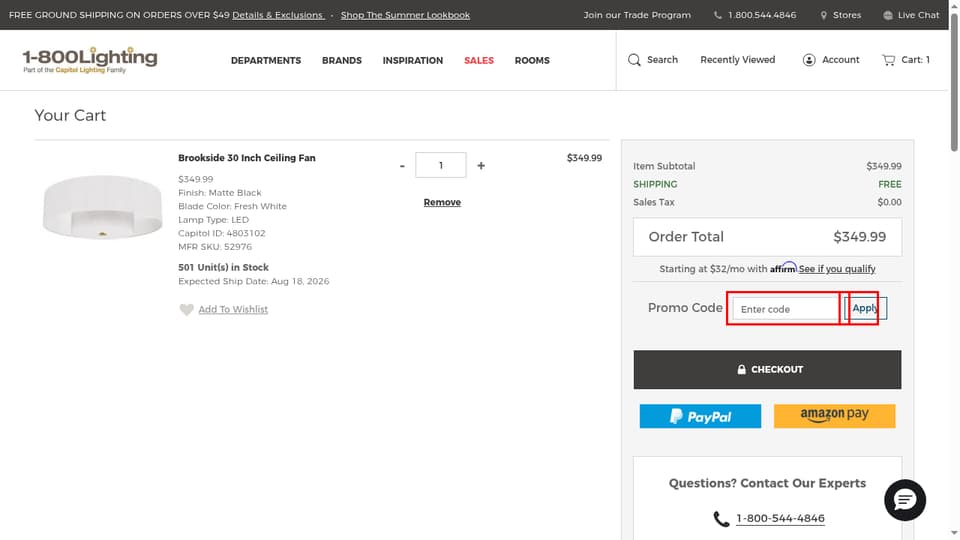 1800Lighting checkout page showing the Enter code field and Apply button