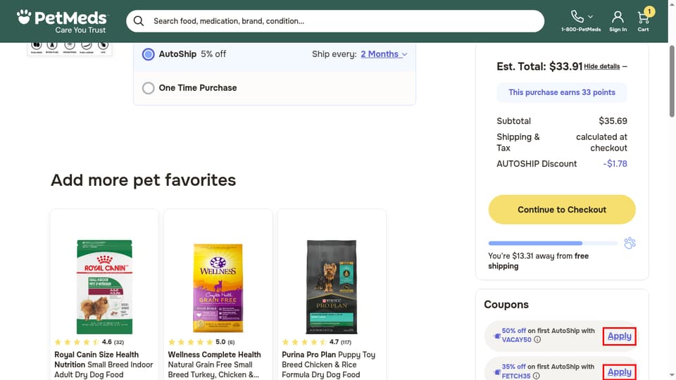 PetMeds checkout page showing the Enter promo code field and Apply button