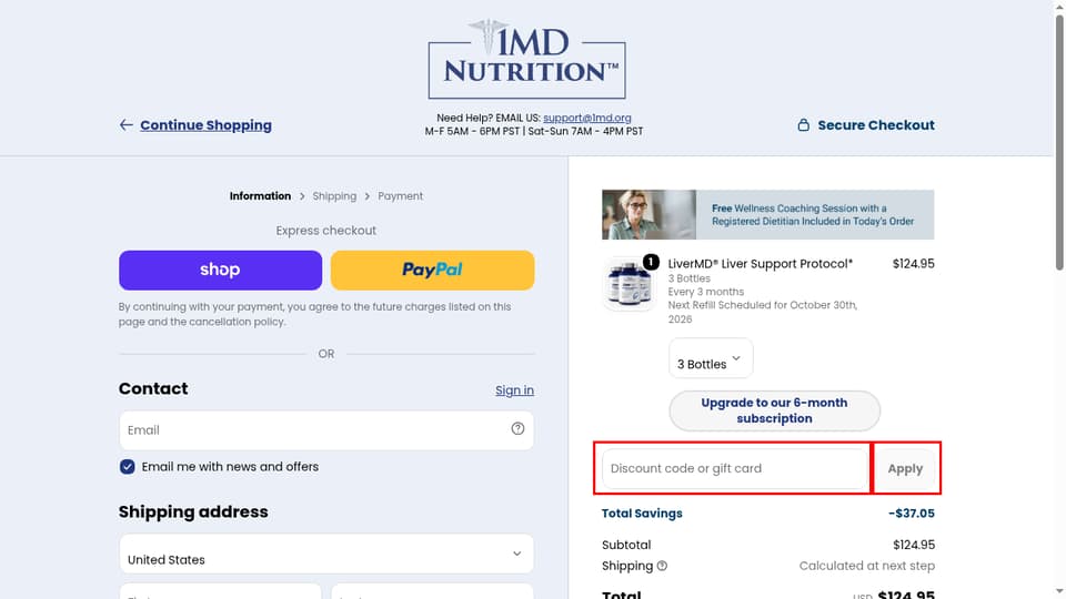 1MD Nutrition checkout page showing the Discount code or gift card field and Apply button