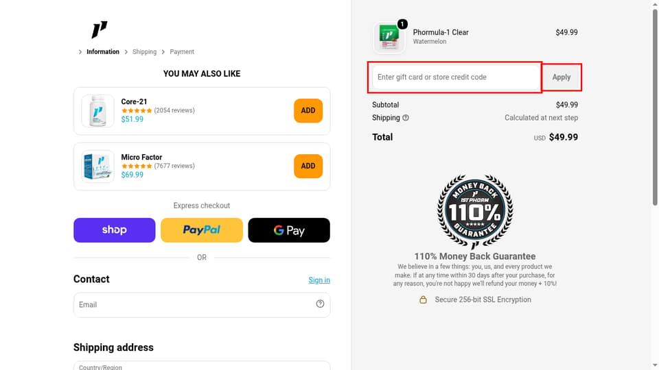 1st Phorm checkout page showing the Enter gift card or store credit code field and Apply button