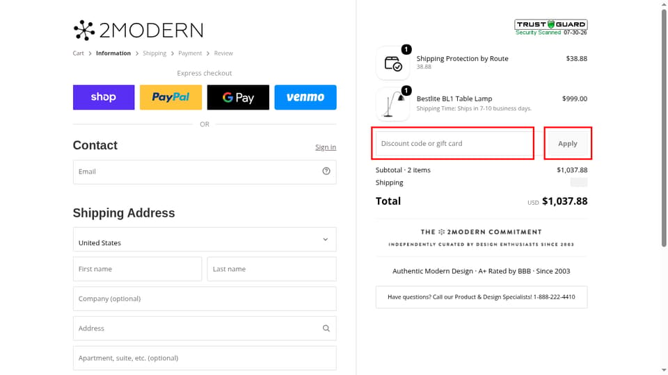 2Modern checkout page showing the Discount code or gift card field and Apply button