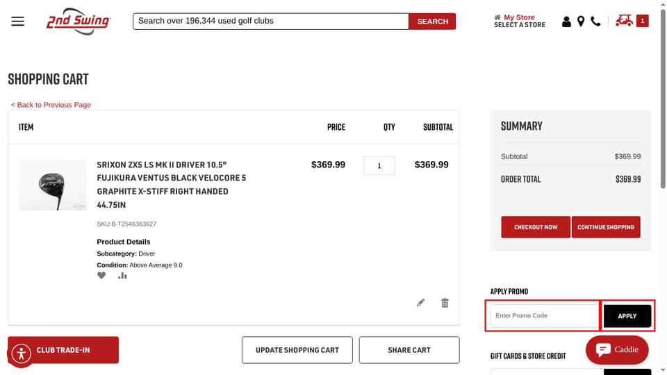 2nd Swing Golf checkout page showing the Enter Promo Code field and Apply button