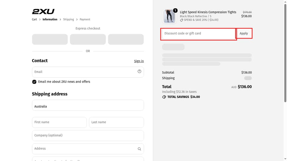 2XU checkout page showing the Discount code or gift card field and Apply button