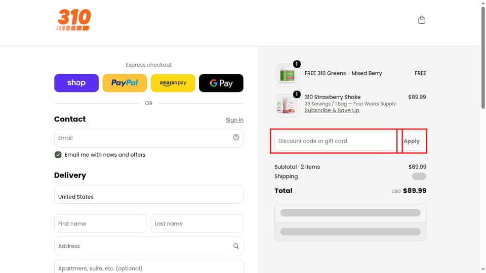 310 Nutrition checkout page showing the Discount code or gift card field and Apply button