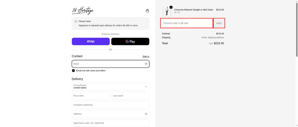34 Heritage checkout page showing the Discount code or gift card field and Apply button