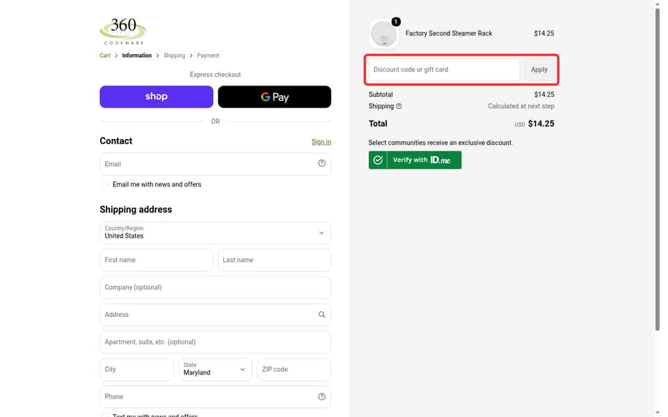 360 Cookware checkout page showing the Discount code or gift card field and Apply button
