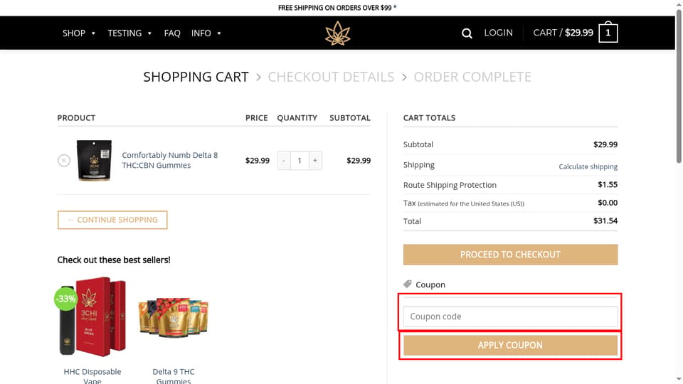 3CHI checkout page showing the Coupon code field and Apply coupon button