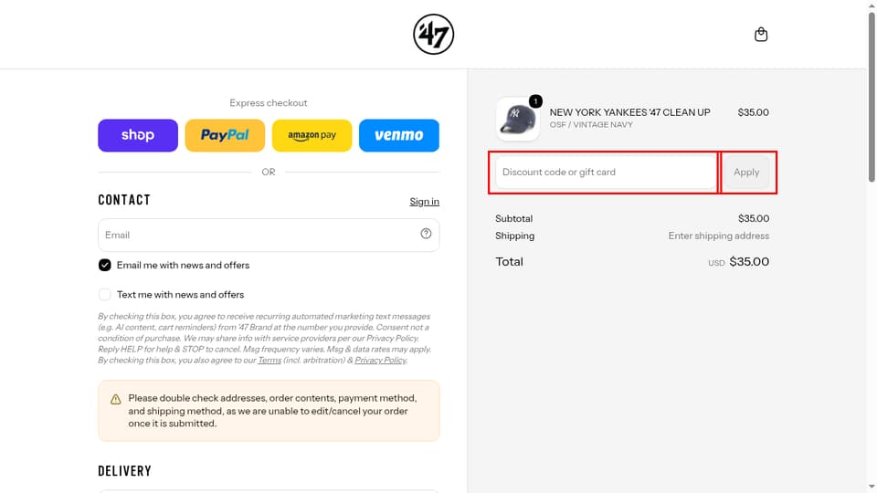 '47 checkout page showing the Discount code or gift card field and Apply button