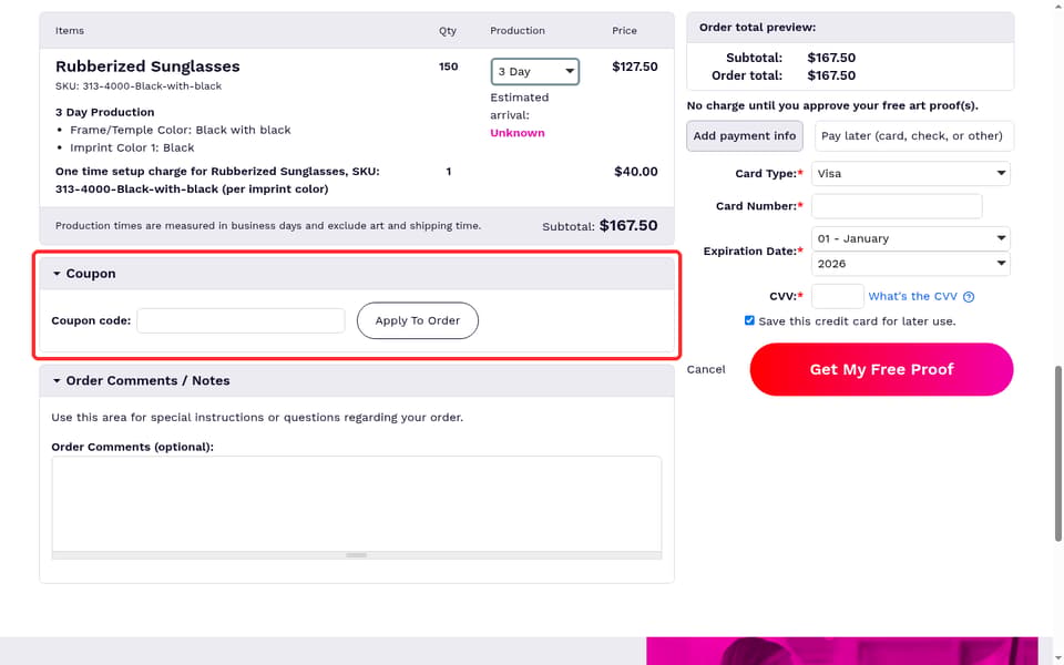 4AllPromos checkout page showing the Coupon code: field and Apply To Order button