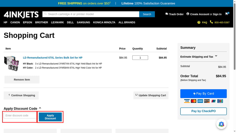 4inkjets checkout page showing the Enter discount code field and Apply Discount button