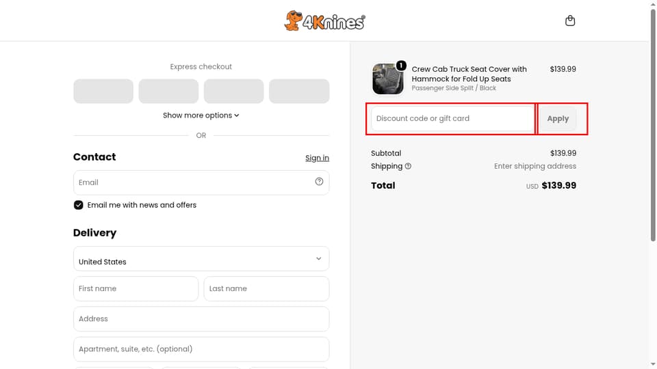 4Knines checkout page showing the Discount code or gift card field and Apply button