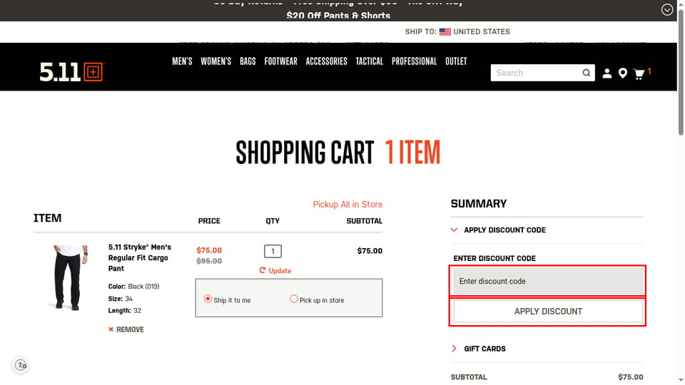 5.11 Tactical checkout page showing the Enter discount code field and Apply Discount button