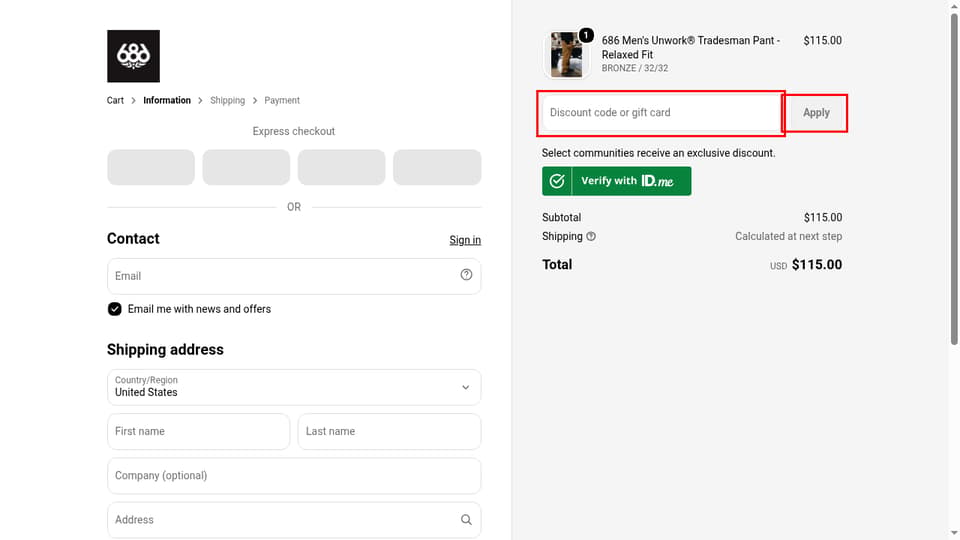 686 checkout page showing the Discount code or gift card field and Apply button