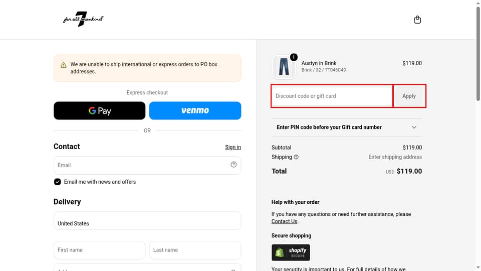 7 For All Mankind checkout page showing the Discount code or gift card field and Apply button