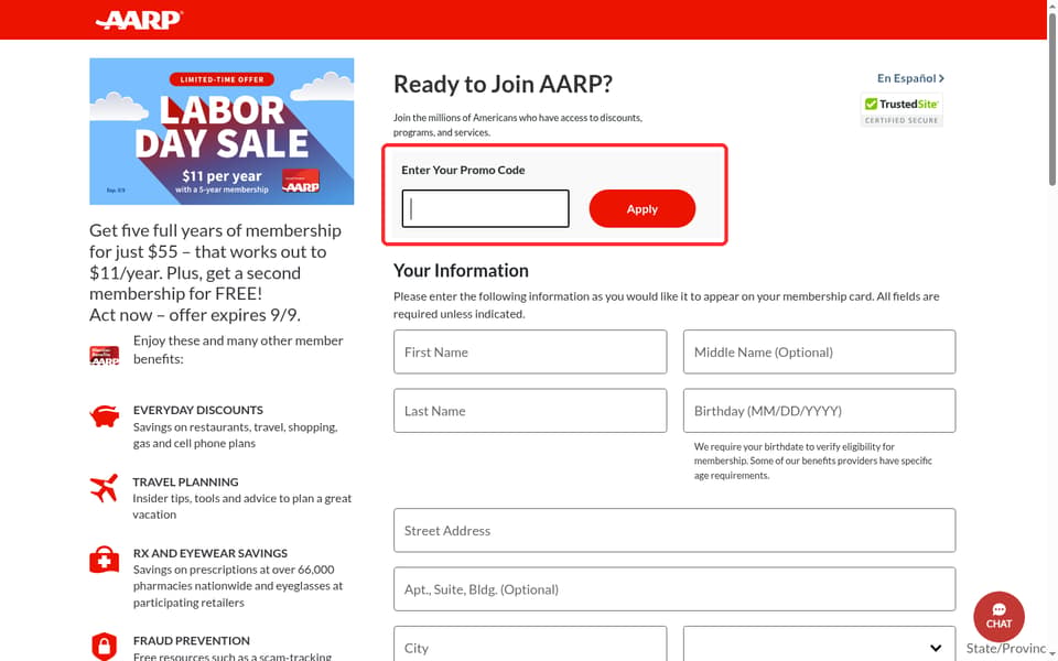 AARP checkout page showing the EnterPromoCode field and Apply button