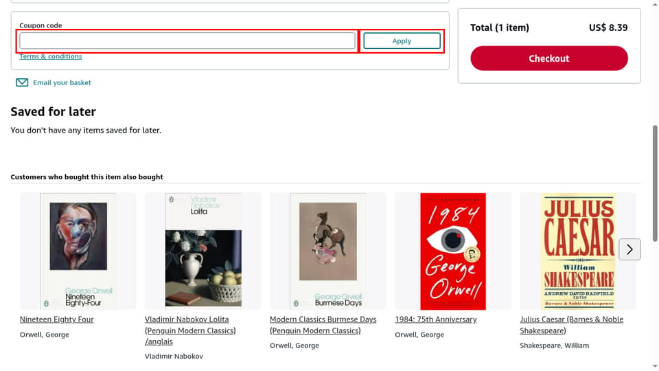 AbeBooks checkout page showing the Coupon code field and Apply button