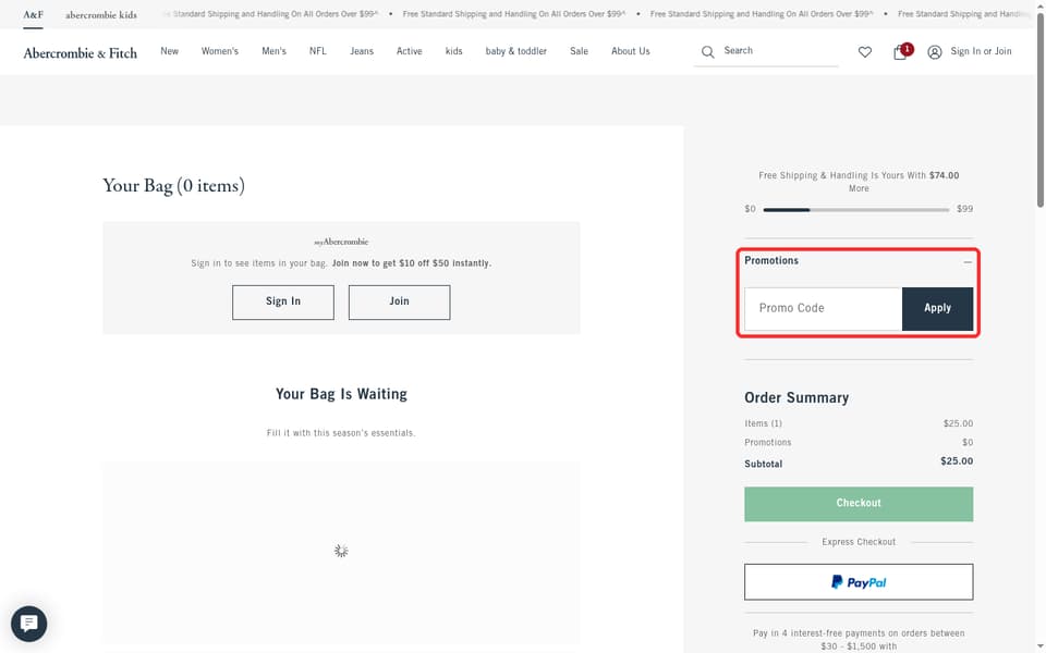 Abercrombie checkout page showing the Promo Code field and Apply button