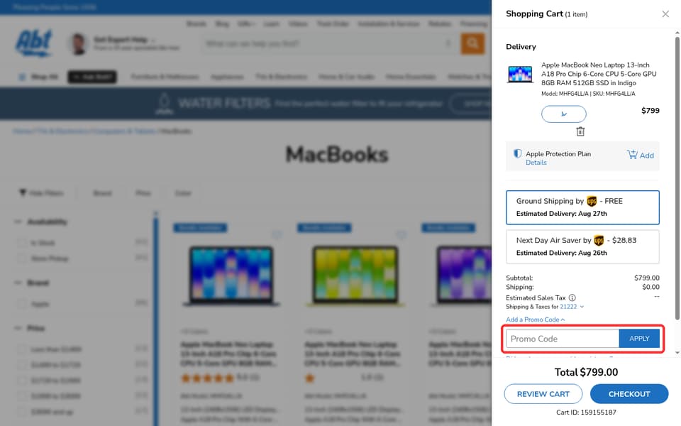 Abt checkout page showing the Promo Code field and apply button