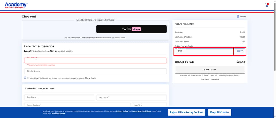 Academy Sports checkout page showing the Promo Code field and APPLY button