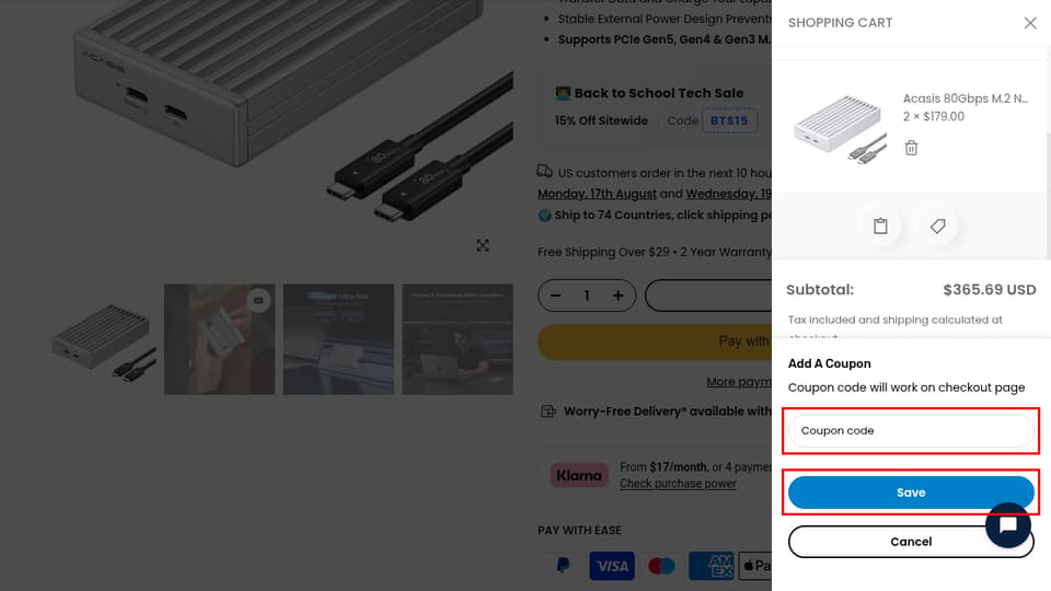 ACASIS checkout page showing the Coupon code field and Save button