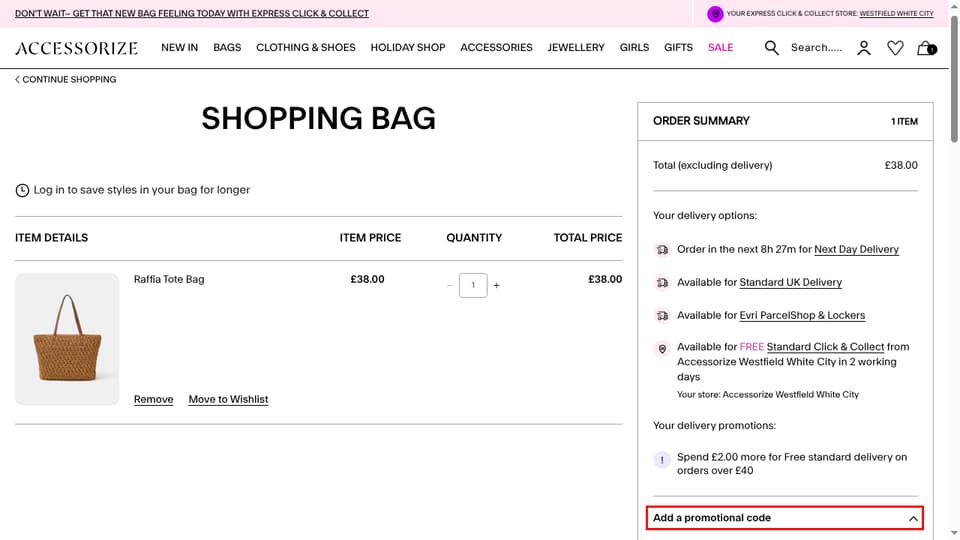 Accessorize checkout page showing the Enter your code field and Apply button