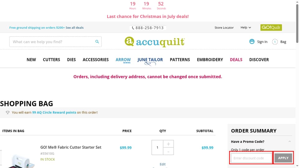 AccuQuilt checkout page showing the Enter discount code field and Apply button