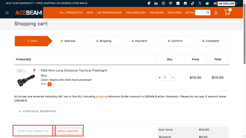 Acebeam checkout page showing the Enter your coupon here field and Apply coupon button
