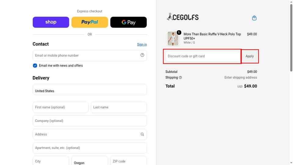 Acegolfs checkout page showing the Discount code or gift card field and Apply button