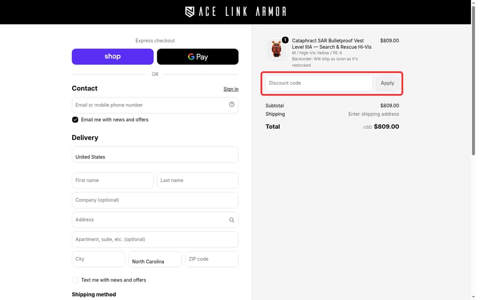 Ace Link Armor checkout page showing the Discount code field and Apply button