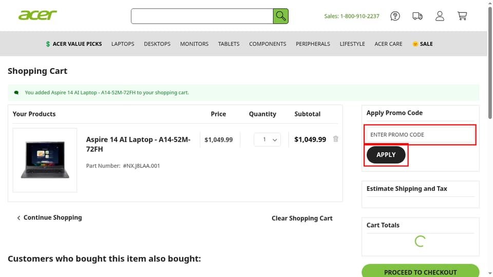 Acer checkout page showing the Enter promo code field and APPLY button