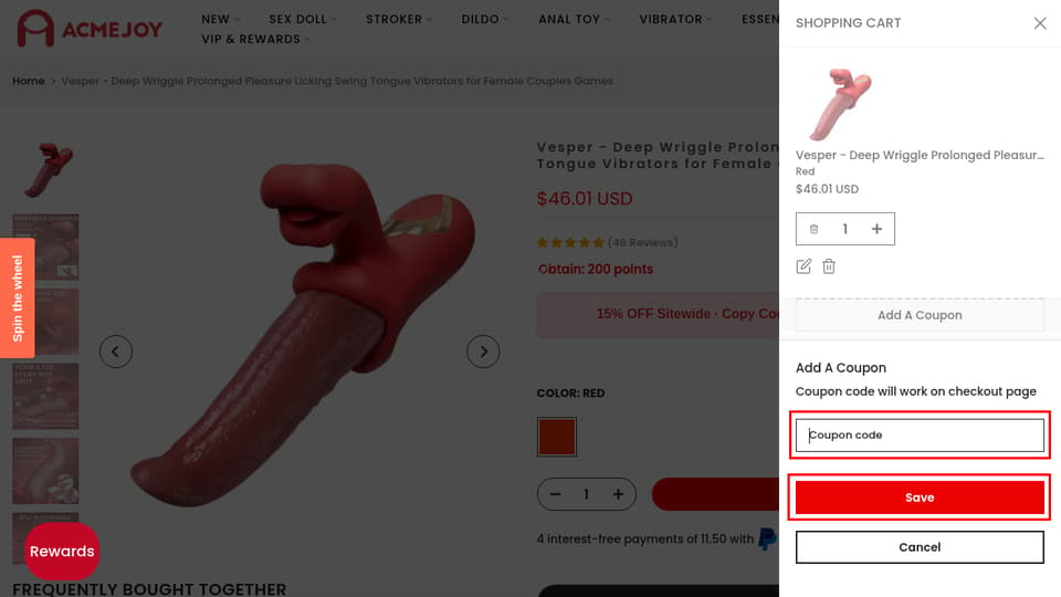 AcmeJoy checkout page showing the Coupon code field and Save button