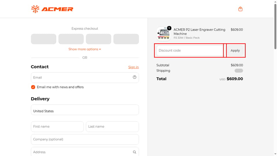 ACMER checkout page showing the Discount code field and Apply button