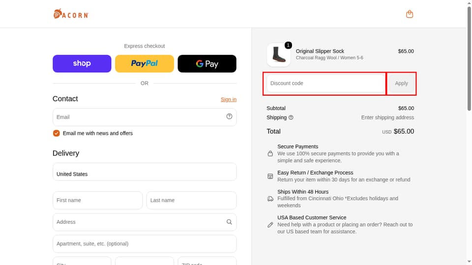 Acorn checkout page showing the Discount code field and Apply button