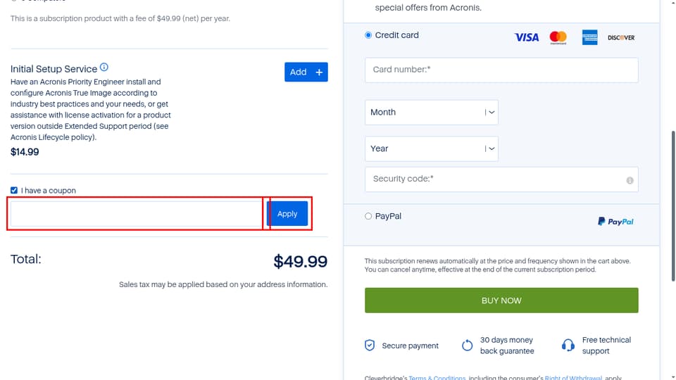 Acronis checkout page showing the purchaseCouponCode field and Apply button