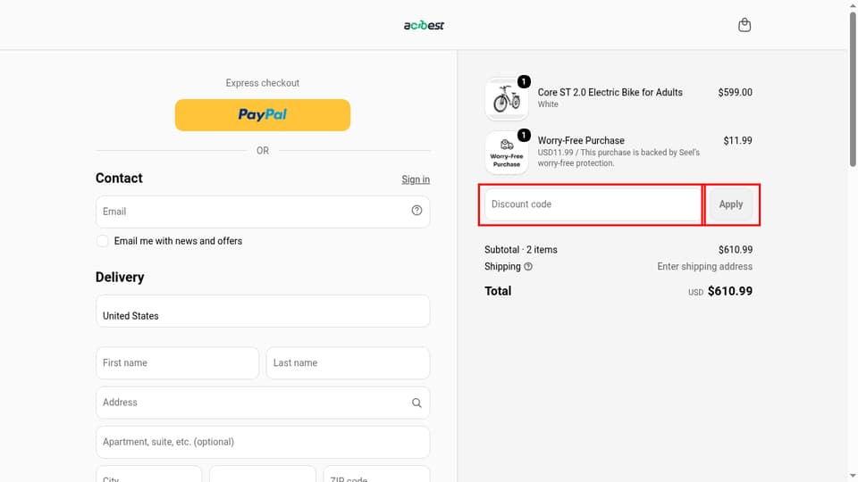 Actbest checkout page showing the Discount code field and Apply button