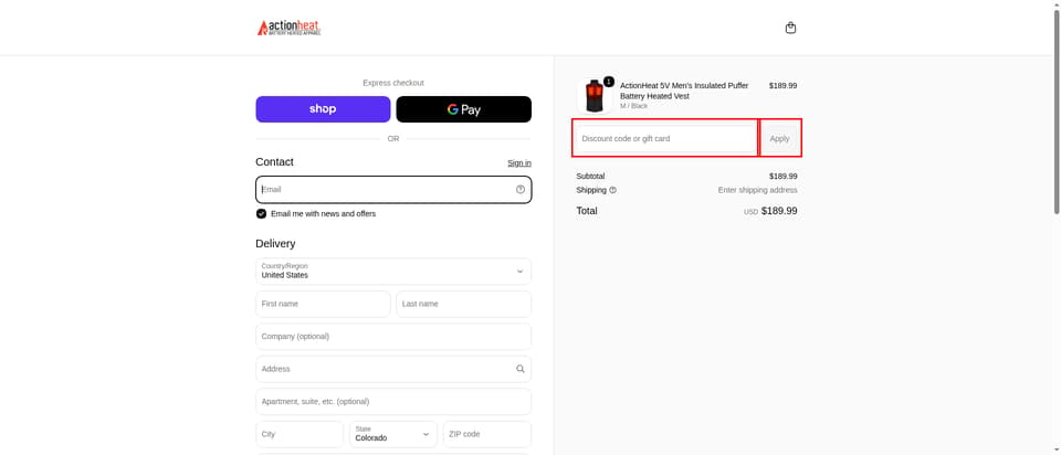 ActionHeat checkout page showing the 