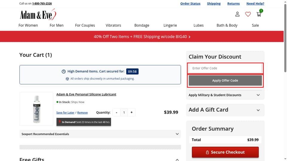 Adam & Eve checkout page showing the Enter Offer Code field and Apply Offer Code button