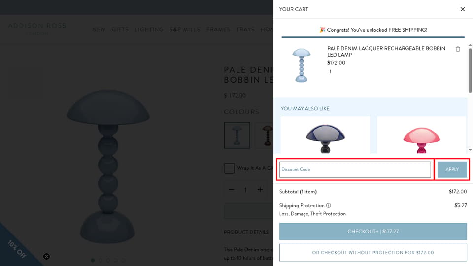 Addison Ross checkout page showing the Discount Code field and APPLY button