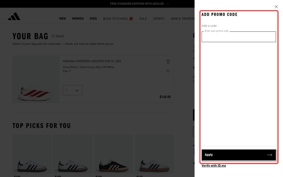 adidas checkout page showing the Enter your promo code field and Apply button