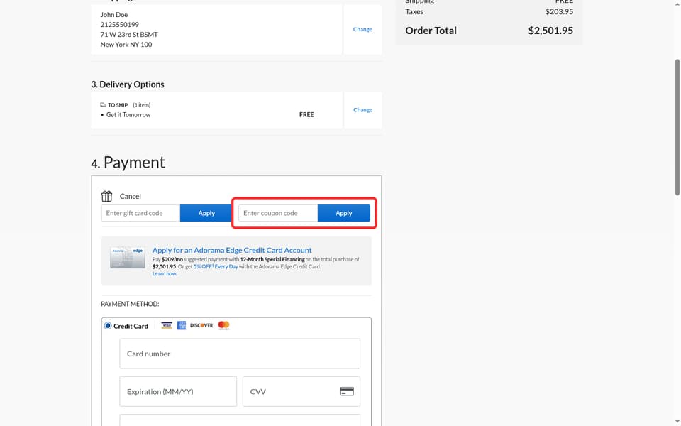 Adorama checkout page showing the Enter coupon code field and Apply button
