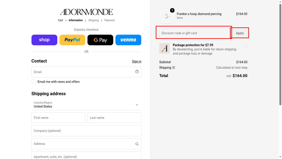 Adornmonde checkout page showing the Discount code or gift card field and Apply button